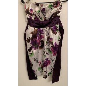 NWT Charlotte Russe Dress Women's 9 White Purple Floral Flowers Mini Strapless